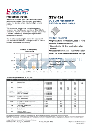 SSW-124 datasheet - DC-6 GHz High Isolation SPDT GaAs MMIC Switch