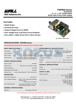 PSPW060B-1Y15 datasheet - 40-60 Watts AC/DC Open Frame Power Supply