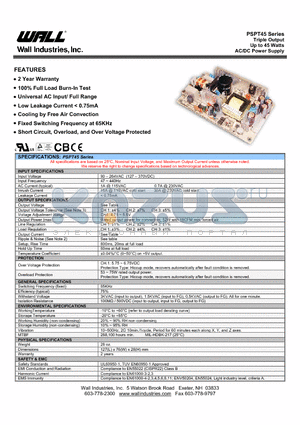 PSPT45 datasheet - Triple Output Up to 45 Watts AC/DC Power Supply