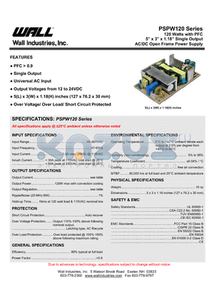 PSPW120B-1Y12P datasheet - 120 Watts with PFC AC/DC Open Frame Power Supply