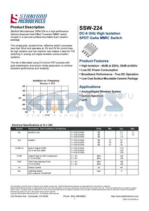 SSW-224 datasheet - DC-6 GHZ HIGH ISOLATION SPDT GAAS MMIC SWITCH