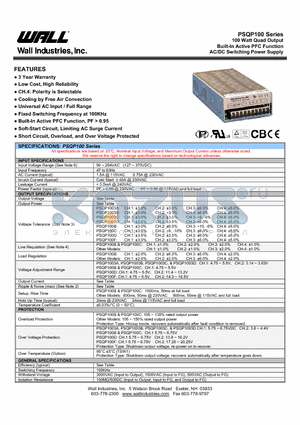 PSQP100 datasheet - 100 Watt Quad Output Built-In Active PFC Function AC/DC Switching Power Supply