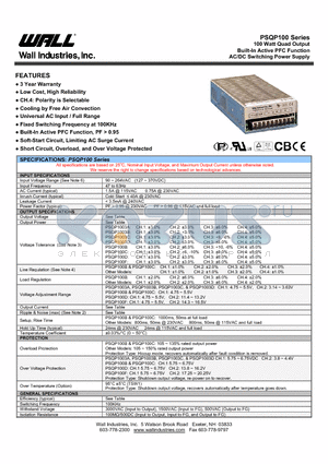 PSQP100F datasheet - 100 Watt Quad Output Built-In Active PFC Function AC/DC Switching Power Supply