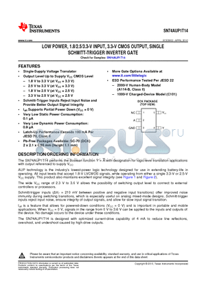 SN74AUP1T14DCKT datasheet - LOW POWER, 1.8/2.5/3.3-V INPUT, 3.3-V CMOS OUTPUT, SINGLE SCHMITT-TRIGGER INVERTER GATE