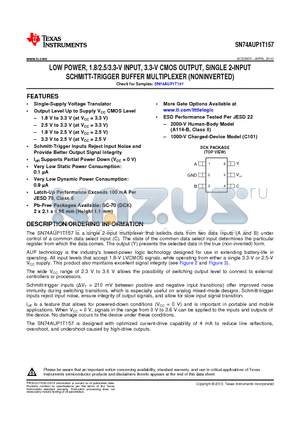 SN74AUP1T157 datasheet - LOW POWER, 1.8/2.5/3.3-V INPUT, 3.3-V CMOS OUTPUT, SINGLE 2-INPUT SCHMITT-TRIGGER BUFFER MULTIPLEXER (NONINVERTED)