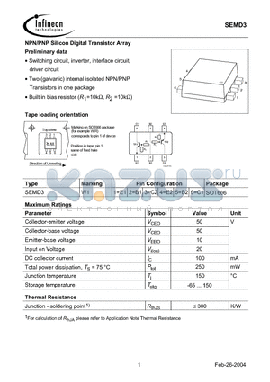 SEMD3 datasheet - NPN/PNP Silicon Digital Transistor Array Preliminary data