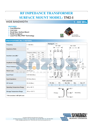 TM2-1 datasheet - RF IMPEDANCE TRANSFORMER SURFACE MOUNT MODEL WIDE BANDWIDTH 1 - 600 MHz