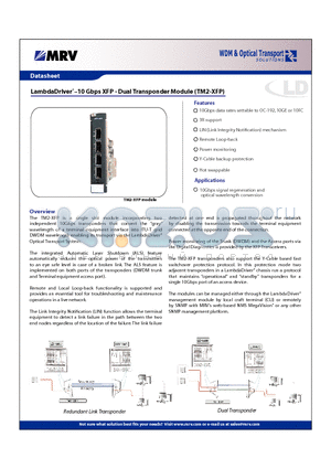 TM2-XFP datasheet - LambdaDriver 10 Gbps XFP - Dual Transponder Module (TM2-XFP)