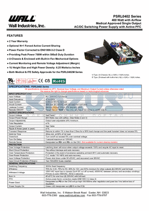 PSRL0402 datasheet - 400 Watt with Airflow Medical Approved Single Output AC/DC Switching Power Supply with Active PFC