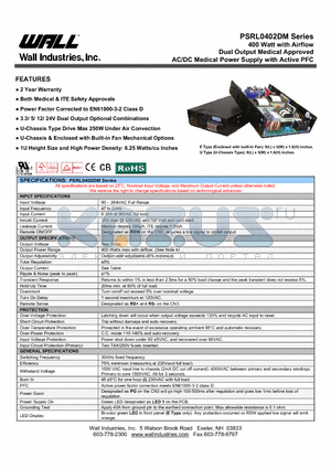 PSRL0402DM datasheet - 400 Watt with Airflow Dual Output Medical Approved AC/DC Medical Power Supply with Active PFC