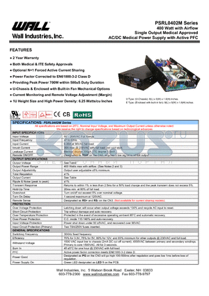 PSRL0402M datasheet - 400 Watt with Airflow Single Output Medical Approved AC/DC Medical Power Supply with Active PFC