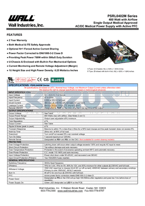 PSRL0402MX-03 datasheet - 400 Watt with Airflow Single Output Medical Approved AC/DC Medical Power Supply with Active PFC