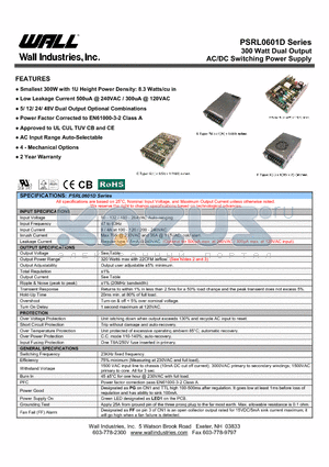 PSRL0601D datasheet - 300 Watt Dual Output AC/DC Switching Power Supply