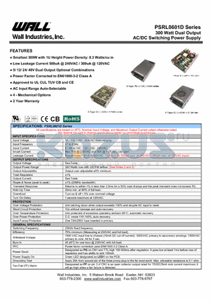 PSRL0601DX-0548 datasheet - 300 Watt Dual Output AC/DC Switching Power Supply