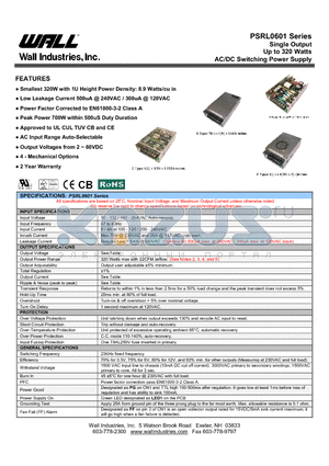 PSRL0601X-12 datasheet - Single Output Up to 320 Watts AC/DC Switching Power Supply