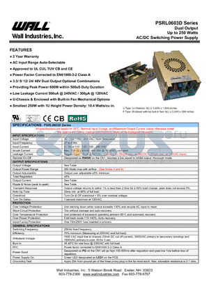 PSRL0603D datasheet - Dual Output Up to 250 Watts AC/DC Switching Power Supply