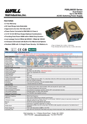 PSRL0603DX-0512 datasheet - Dual Output Up to 250 Watts AC/DC Switching Power Supply