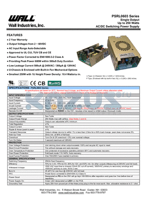 PSRL0603X-36 datasheet - Single Output Up to 250 Watts AC/DC Switching Power Supply