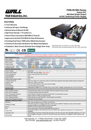 PSRL5016E4 datasheet - Active PFC 400 Watt Single Output AC/DC Switching Power Supply