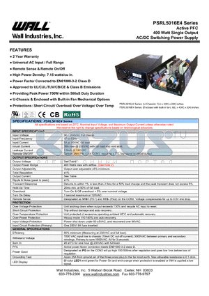 PSRL5016E4-18 datasheet - Active PFC 400 Watt Single Output AC/DC Switching Power Supply