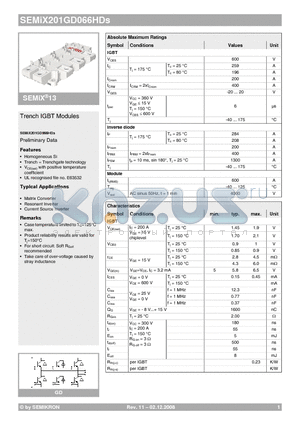 SEMIX201GD066HDS datasheet - Trench IGBT Modules