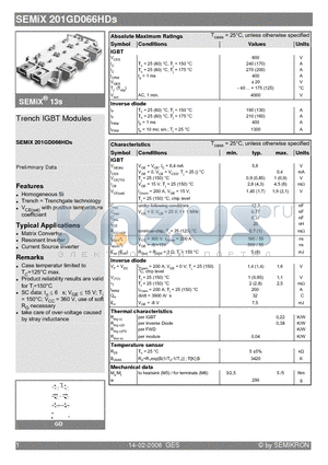 SEMIX201GD066HDS datasheet - Trench IGBT Modules