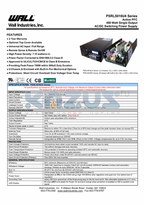 PSRL5016U4-24 datasheet - Active PFC 400 Watt Single Output AC/DC Switching Power Supply