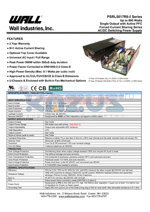 PSRL5017R6-I datasheet - Up to 600 Watts Single Output with Active PFC Forced Current Sharing Series AC/DC Switching Power Supply