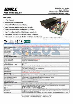 PSRL5017R8 datasheet - Up to 800 Watts Single Output with Active PFC AC/DC Switching Power Supply