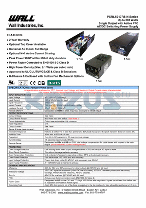 PSRL5017R8-N datasheet - Up to 800 Watts Single Output with Active PFC AC/DC Switching Power Supply