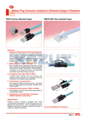 TM21P-88P datasheet - Modular Plug Connectors Compliant to Enhanced Category 5 Standards