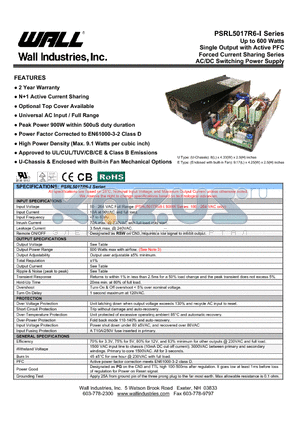 PSRL5017RX6-24I datasheet - Up to 600 Watts Single Output with Active PFC Forced Current Sharing Series AC/DC Switching Power Supply