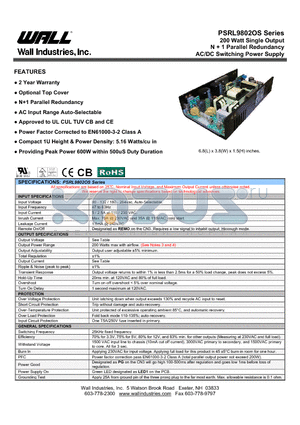 PSRL9802OS datasheet - 200 Watt Single Output N  1 Parallel Redundancy AC/DC Switching Power Supply