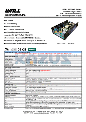 PSRL9802OSA datasheet - 200 Watt Single Output N  1 Parallel Redundancy AC/DC Switching Power Supply