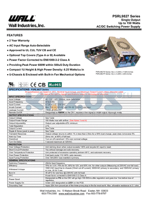 PSRL9827 datasheet - Single Output Up to 150 Watts AC/DC Switching Power Supply