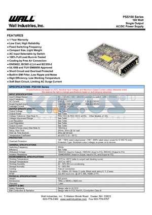 PSS-100-12 datasheet - 100 Watt Single Output AC/DC Power Supply