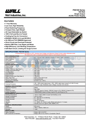 PSS-100-15 datasheet - 100 Watt Single Output AC/DC Power Supply