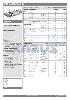 SEMIX302GB066HD datasheet - Trench IGBT Modules