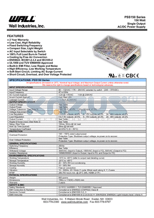 PSS-150-13.5 datasheet - 150 Watt Single Output AC/DC Power Supply