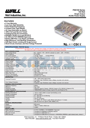 PSS-150-7.5 datasheet - 150 Watt Single Output AC/DC Power Supply