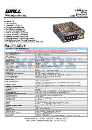 PSS-40-12 datasheet - 40 Watt Single Output AC/DC Power Supply