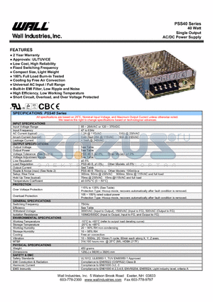 PSS-40-5 datasheet - 40 Watt Single Output AC/DC Power Supply