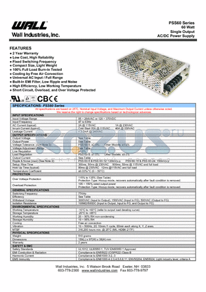 PSS-60-12 datasheet - 60 Watt Single Output AC/DC Power Supply
