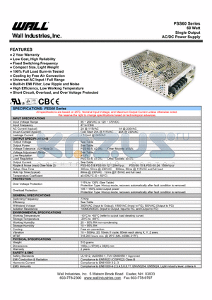 PSS-60-15 datasheet - 60 Watt Single Output AC/DC Power Supply