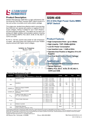 SSW408 datasheet - DC-4 GHz High Power GaAs MMIC SPDT Switch