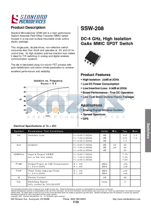 SSW208 datasheet - DC-4 GHz, High Isolation GaAs MMIC SPDT Switch