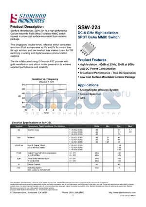 SSW224 datasheet - DC-6 GHZ HIGH ISOLATION SPDT GAAS MMIC SWITCH