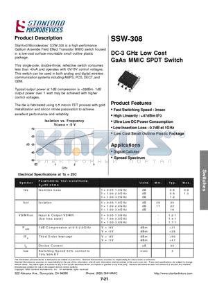 SSW308 datasheet - DC-3 GHz Low Cost GaAs MMIC SPDT Switch