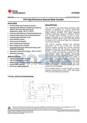 UCC25600 datasheet - 8-Pin High-Performance Resonant Mode Controller