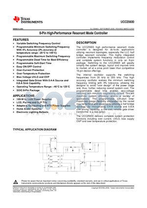 UCC25600DR datasheet - 8-Pin High-Performance Resonant Mode Controller